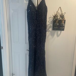 Adam Navy Blue Beaded V-Neck Maxi Dress